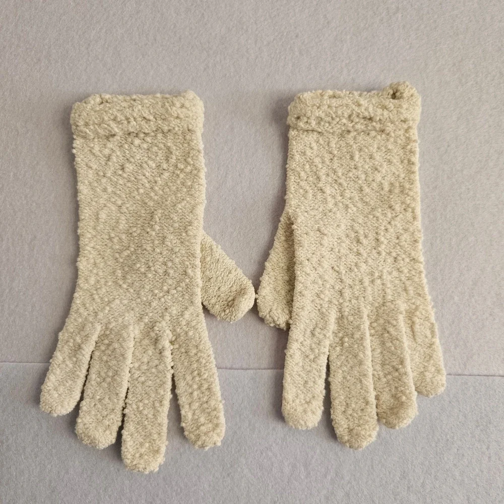 Vintage Cream Popcorn Knit Gloves‎ Off White Winter Warm Soft Cozy One Size